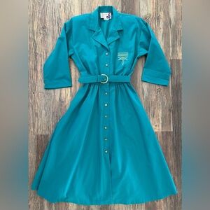 Vtg The American Shirt Dress Womens 8 Midi Belted Teal w/Gold Embroidery Buttons